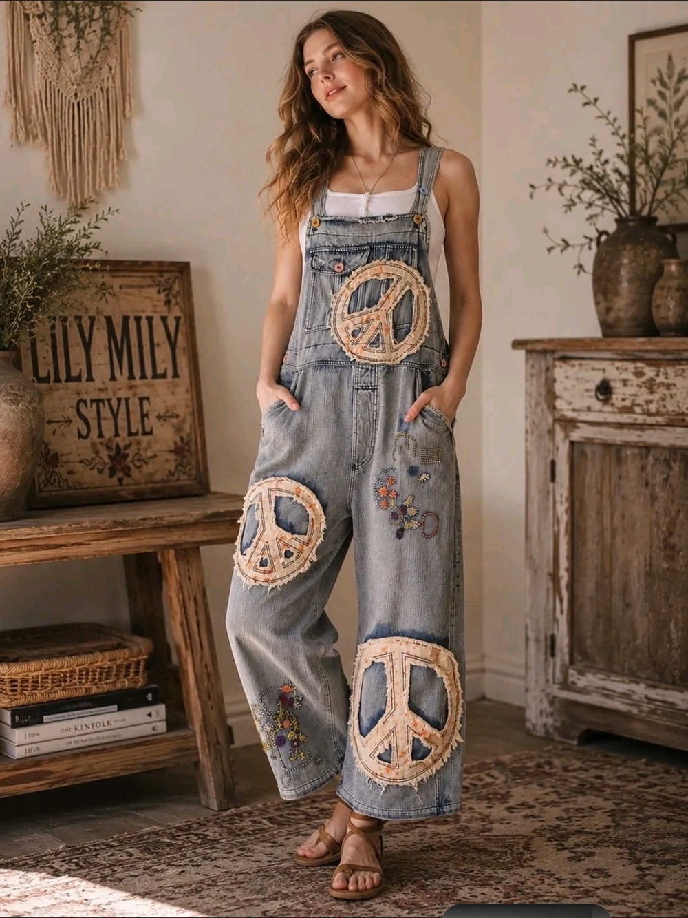 Embroidered Light Blue Denim Overalls with Peace Sign Patch - Women